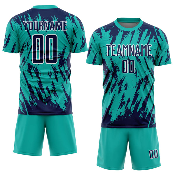 Custom Aqua Navy-White Splatter Torn Sharp Brush Stroke Sublimation Soccer Uniform Jersey alternate