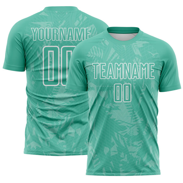 Custom Ice Blue White Brasil Geometric Tropical Rainforest Sublimation Soccer Uniform Jersey