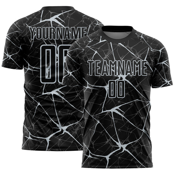 Custom Black-Silver Abstract Network Crackle Sublimation Soccer Uniform Jersey
