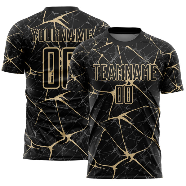 Custom Black-Vegas Gold Abstract Network Crackle Sublimation Soccer Uniform Jersey