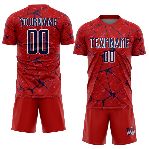 Custom Red Navy-White Abstract Network Crackle Sublimation Soccer Uniform Jersey alternate