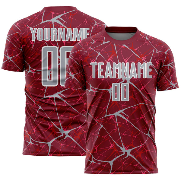 Custom Crimson Gray-White Abstract Network Crackle Sublimation Soccer Uniform Jersey