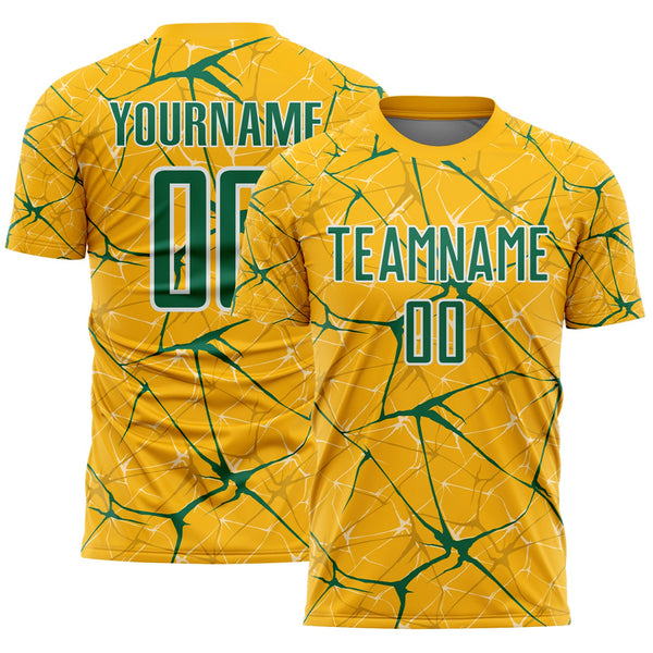Custom Gold Kelly Green-White Abstract Network Crackle Sublimation Soccer Uniform Jersey
