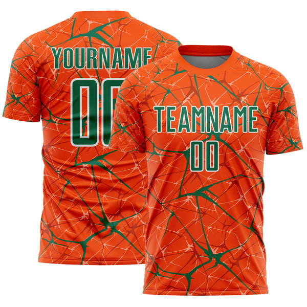 Custom Orange Kelly Green-White Abstract Network Crackle Sublimation Soccer Uniform Jersey