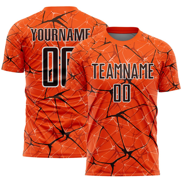 Custom Orange Brown-White Abstract Network Crackle Sublimation Soccer Uniform Jersey