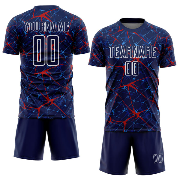 Custom Navy Red-White Abstract Network Crackle Sublimation Soccer Uniform Jersey alternate