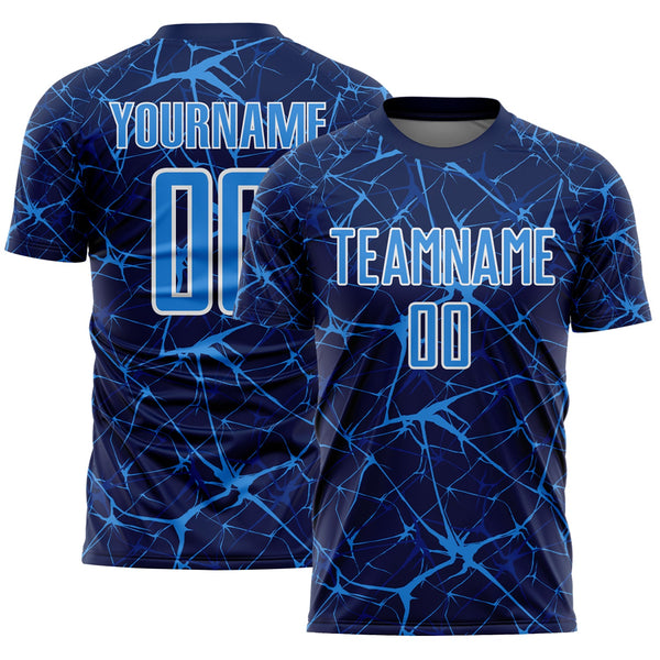Custom Navy Powder Blue-White Abstract Network Crackle Sublimation Soccer Uniform Jersey