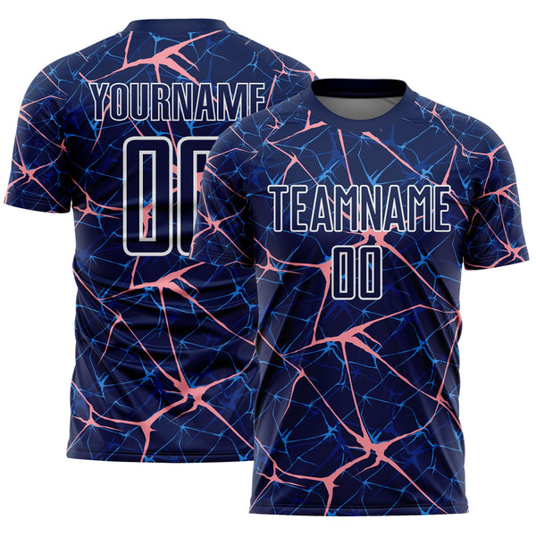 Custom Navy Medium Pink-White Abstract Network Crackle Sublimation Soccer Uniform Jersey