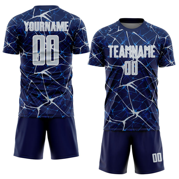 Custom Navy Silver-White Abstract Network Crackle Sublimation Soccer Uniform Jersey alternate