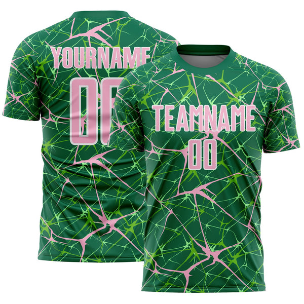 Custom Kelly Green Light Pink-White Abstract Network Crackle Sublimation Soccer Uniform Jersey