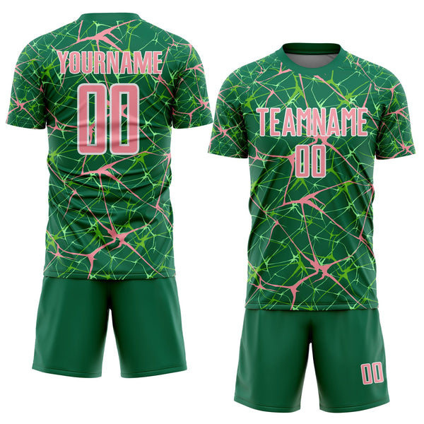 Custom Kelly Green Medium Pink-White Abstract Network Crackle Sublimation Soccer Uniform Jersey alternate