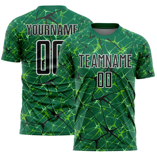 Custom Kelly Green Black-White Abstract Network Crackle Sublimation Soccer Uniform Jersey