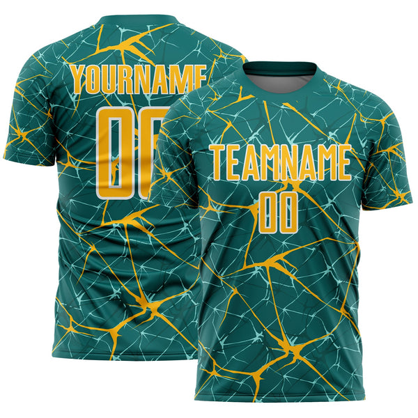 Custom Teal Gold-White Abstract Network Crackle Sublimation Soccer Uniform Jersey