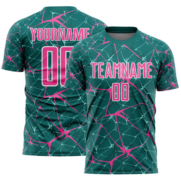 Custom Teal Pink-White Abstract Network Crackle Sublimation Soccer Uniform Jersey