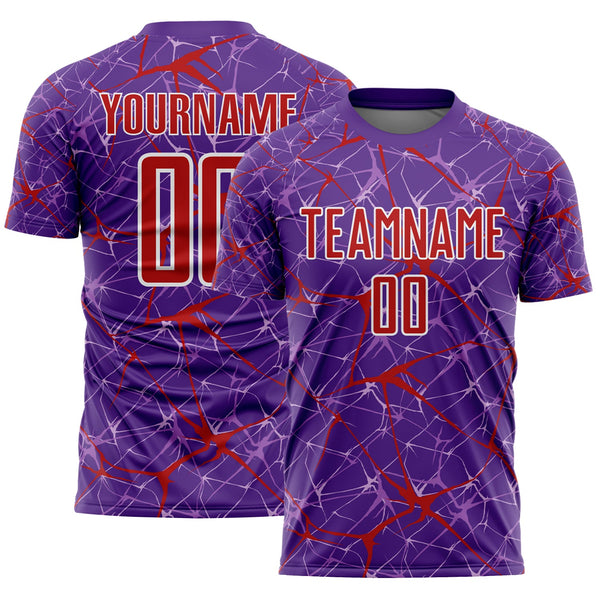 Custom Purple Red-White Abstract Network Crackle Sublimation Soccer Uniform Jersey