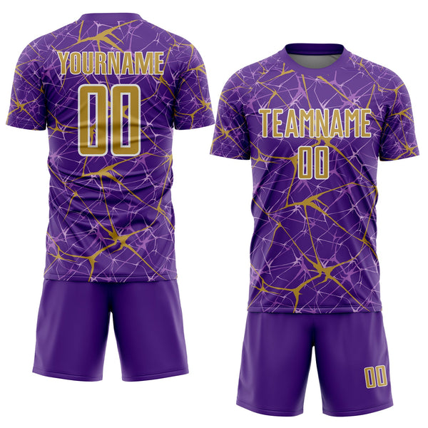 Custom Purple Old Gold-White Abstract Network Crackle Sublimation Soccer Uniform Jersey alternate