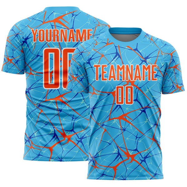 Custom Sky Blue Orange-White Abstract Network Crackle Sublimation Soccer Uniform Jersey