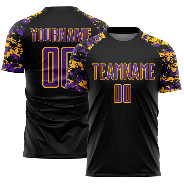 Custom Black Purple-Gold Digital Camo Raglan Sleeves Sublimation Soccer Uniform Jersey