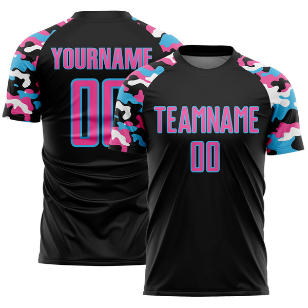 Custom Black Pink Sky Blue-White Digital Camo Raglan Sleeves Sublimation Soccer Uniform Jersey