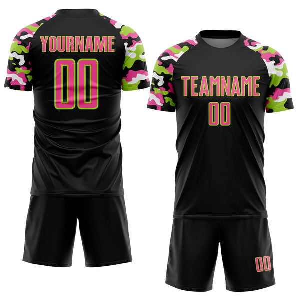 Custom Black Pink Neon Green-White Digital Camo Raglan Sleeves Sublimation Soccer Uniform Jersey alternate