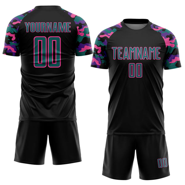 Custom Black Teal Purple-Pink Digital Camo Raglan Sleeves Sublimation Soccer Uniform Jersey alternate