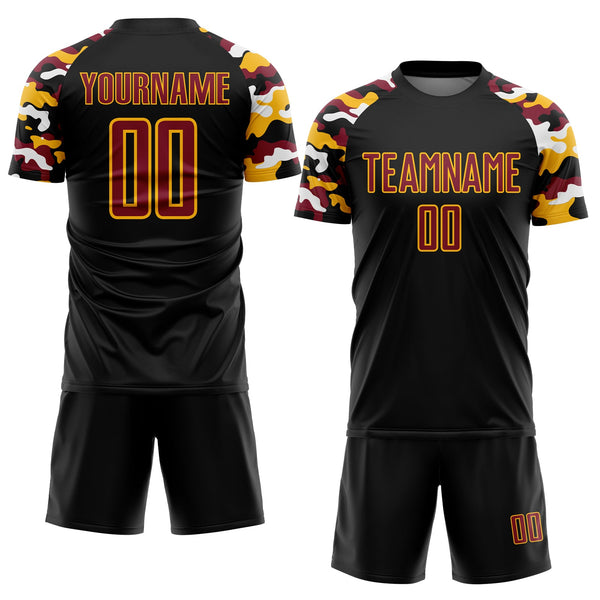 Custom Black Crimson Gold-White Digital Camo Raglan Sleeves Sublimation Soccer Uniform Jersey alternate