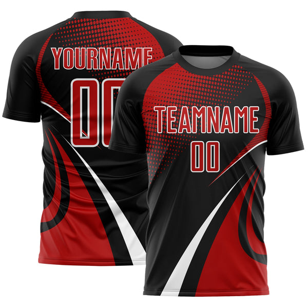Custom Black Red-White Halftone Dot Dynamic Curve Stripe Sublimation Soccer Uniform Jersey