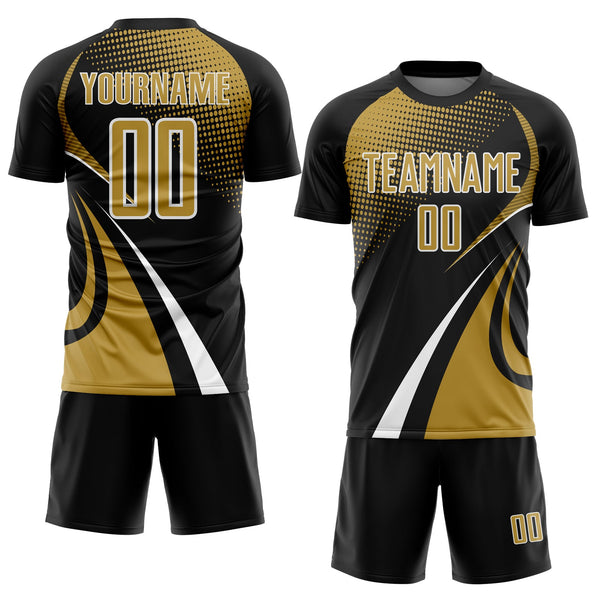 Custom Black Old Gold-White Halftone Dot Dynamic Curve Stripe Sublimation Soccer Uniform Jersey alternate
