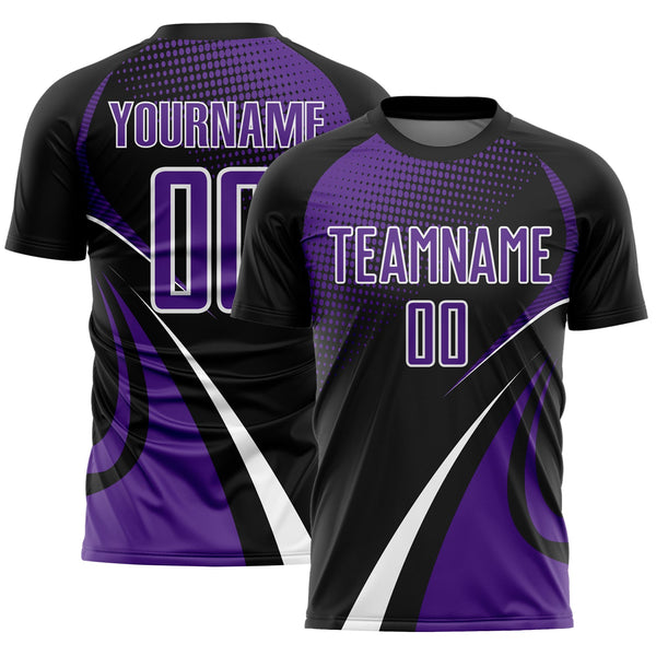 Custom Black Purple-White Halftone Dot Dynamic Curve Stripe Sublimation Soccer Uniform Jersey