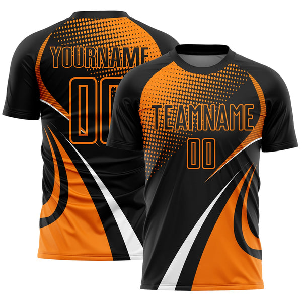 Custom Black Bay Orange-White Halftone Dot Dynamic Curve Stripe Sublimation Soccer Uniform Jersey