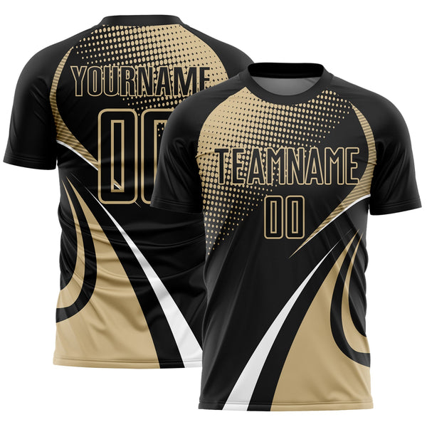 Custom Black Vegas Gold-White Halftone Dot Dynamic Curve Stripe Sublimation Soccer Uniform Jersey