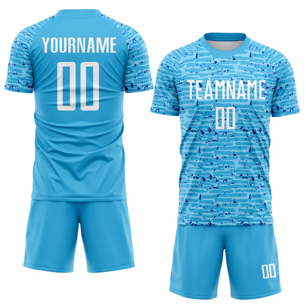 Custom Sky Blue-White Distressed Fragment Brush Stroke Sublimation Soccer Uniform Jersey alternate