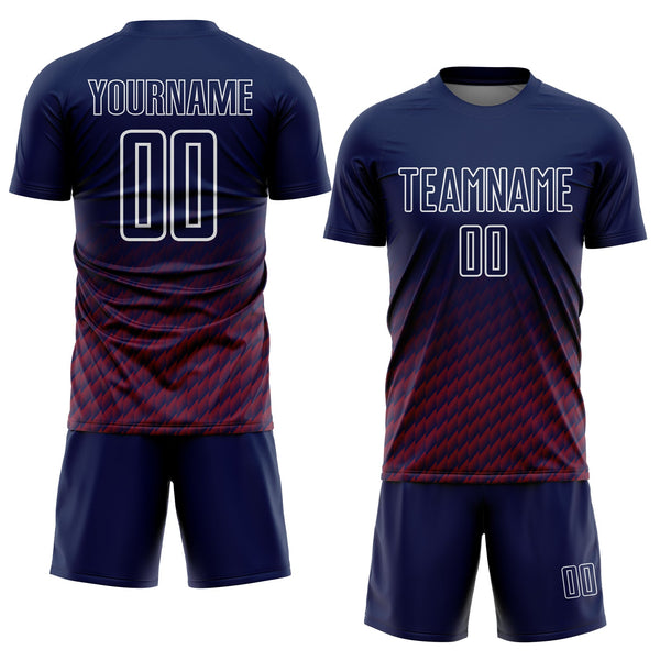 Custom Navy Crimson-White Geometric Wave Gradient Sublimation Soccer Uniform Jersey alternate