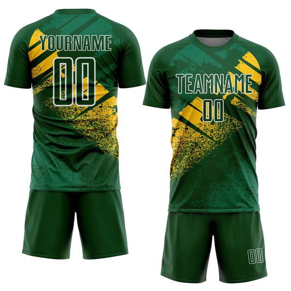 Custom Green Yellow-White Grunge Splatter Brush Stroke Sublimation Soccer Uniform Jersey alternate