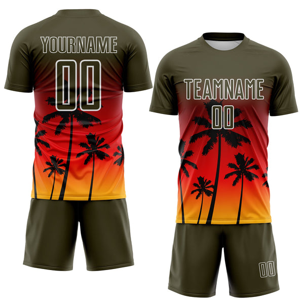 Custom Olive Fire Red Gold-White Tropical Hawaii Palm Trees Gradient Sublimation Soccer Uniform Jersey alternate