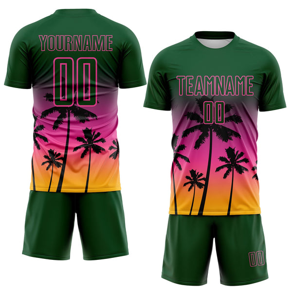Custom Green Pink-Gold Tropical Hawaii Palm Trees Gradient Sublimation Soccer Uniform Jersey alternate