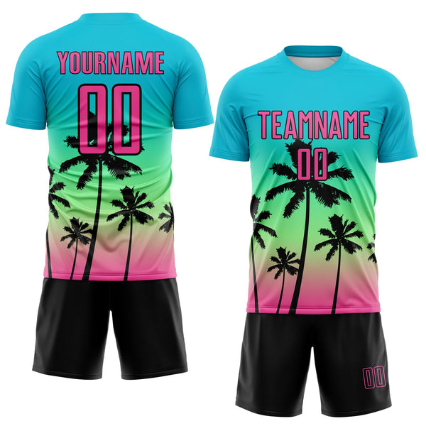 Custom Lakes Blue Pink Pea Green-Black Tropical Hawaii Palm Trees Gradient Sublimation Soccer Uniform Jersey alternate