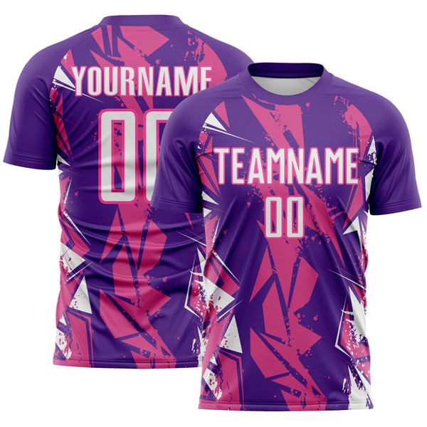 Custom Purple White-Pink Geometric Shard Grunge Splash Sublimation Soccer Uniform Jersey