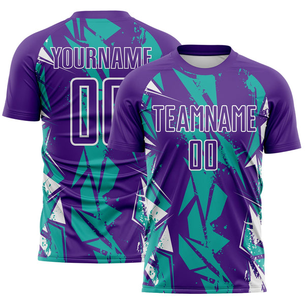 Custom Purple Aqua-White Geometric Shard Grunge Splash Sublimation Soccer Uniform Jersey