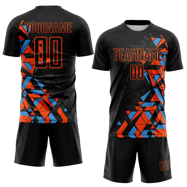 Custom Black Orange-Powder Blue Geometric Grid Gradient Sublimation Soccer Uniform Jersey alternate