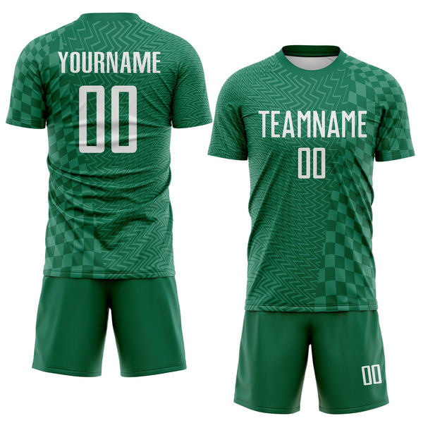 Custom Kelly Green-White Geometric Patchwork Asymmetry Checkered Zigzag Lines Sublimation Soccer Uniform Jersey alternate