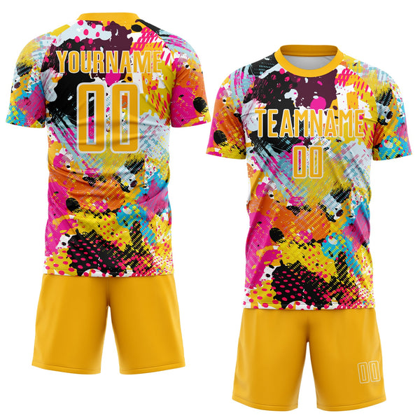 Custom Graffiti Pattern Gold-White Paint Splatter Sublimation Soccer Uniform Jersey alternate