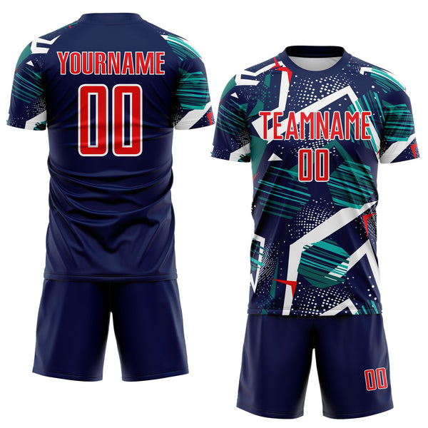 Custom Navy Fire Red Teal-White Geometric Asymmetry Shatter Sublimation Soccer Uniform Jersey alternate