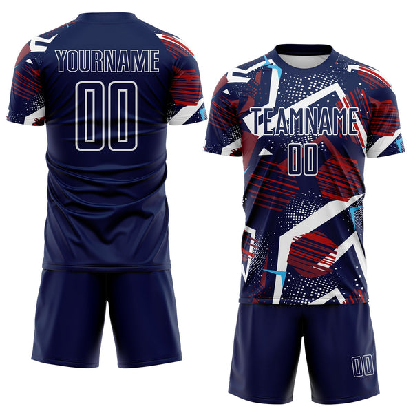 Custom Navy Red Blue-White Geometric Asymmetry Shatter Sublimation Soccer Uniform Jersey alternate