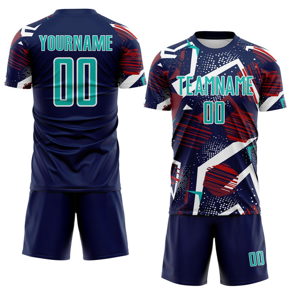 Custom Navy Aqua Red White-Black Geometric Asymmetry Shatter Sublimation Soccer Uniform Jersey alternate
