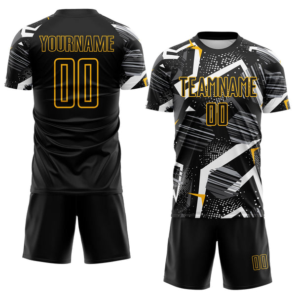 Custom Black Gray-Gold Geometric Asymmetry Shatter Sublimation Soccer Uniform Jersey alternate