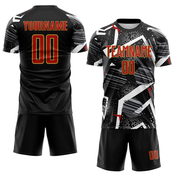 Custom Black Red Gray-Old Gold Geometric Asymmetry Shatter Sublimation Soccer Uniform Jersey alternate