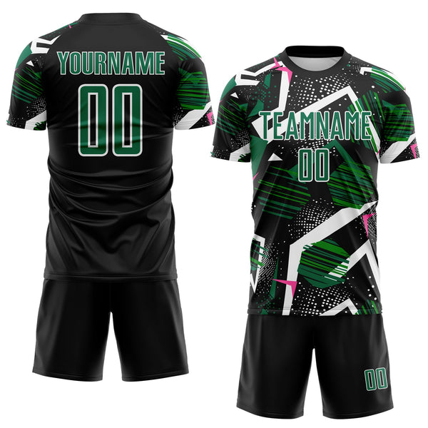 Custom Black Kelly Green Pink-White Geometric Asymmetry Shatter Sublimation Soccer Uniform Jersey alternate