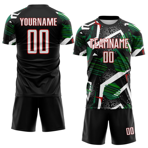 Custom Black White Green-Red Geometric Asymmetry Shatter Sublimation Soccer Uniform Jersey alternate