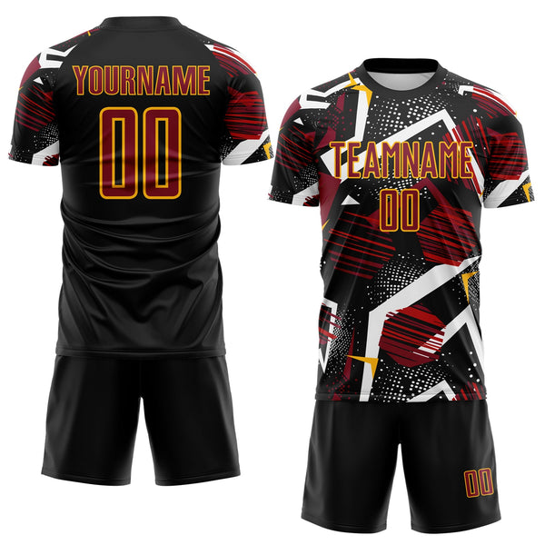 Custom Black Crimson White-Gold Geometric Asymmetry Shatter Sublimation Soccer Uniform Jersey alternate